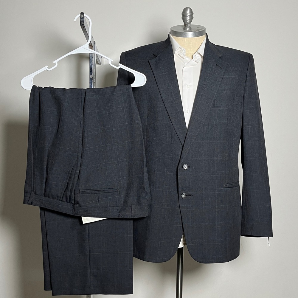 John Weitz Palm Beach Suit Mens 46L 41W Charcoal Gray Windowpane Big‎ and Tall